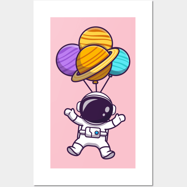 Cute Astronaut Floating With Planet Balloon In Space Cartoon Wall Art by Catalyst Labs